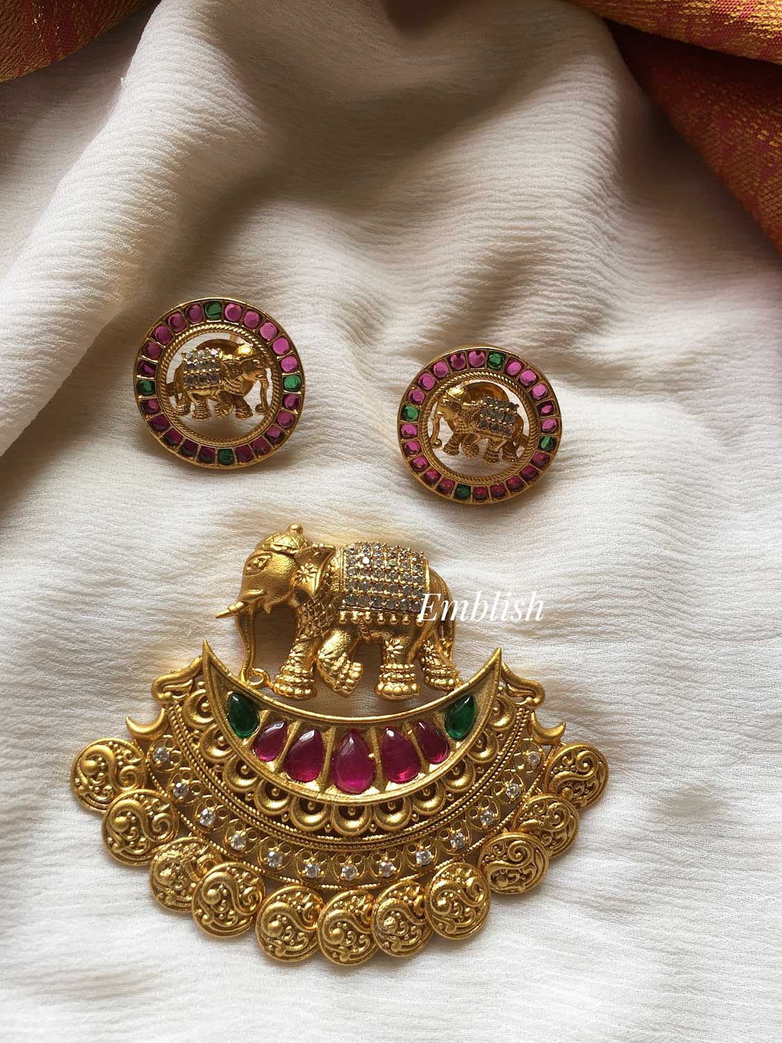 Gold alike haathi  Ad stones pendant set 